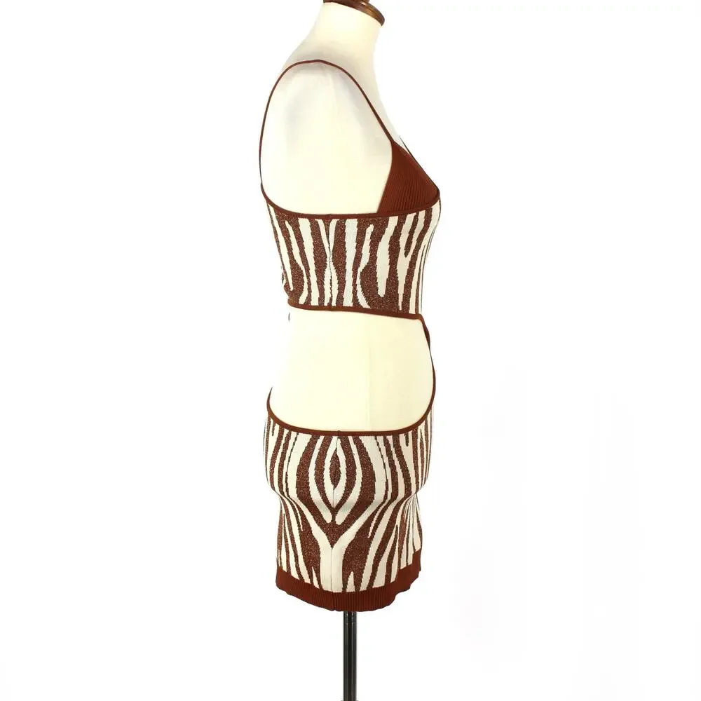 Retrofete Dimi Zebra Mini Dress Brown Cream Cut Out Sleeveless Ribbed Knit XS - Picture 3 of 8